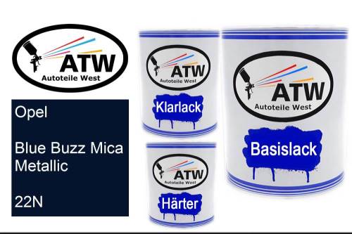 Opel, Blue Buzz Mica Metallic, 22N: 1L Lackdose + 1L Klarlack + 500ml Härter - Set, von ATW Autoteile West.